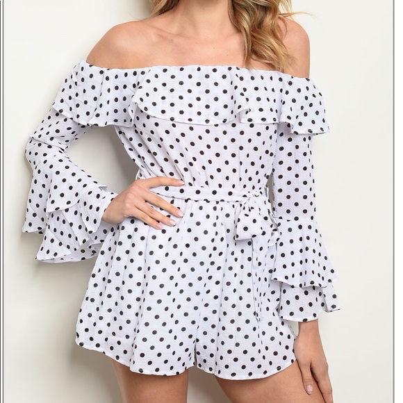 Off Shoulder Black/White Polka Dot Romper - Picture 1 of 2